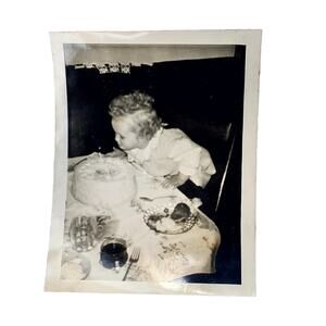 Vtg Baby First Birthday Cake Monochrome Photography Found Snapshot Portrait B&W